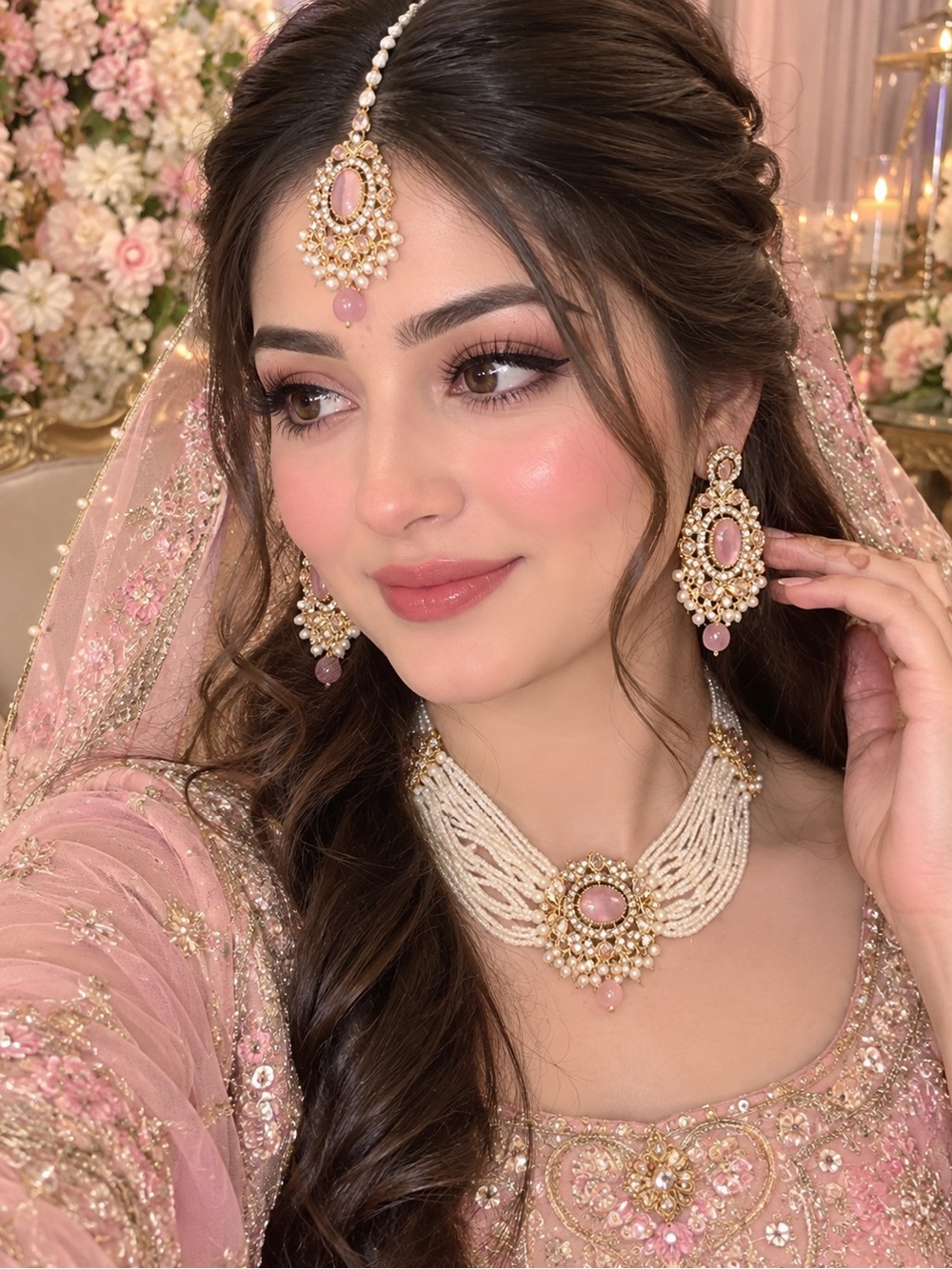 Fashion Jewelry Pink Pearl and Gold Bridal Necklace Set